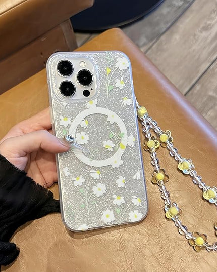 Compatible with iPhone 16 Pro Max Cases Cute Bling Sparkly Floral Phone case,Flower with Wrist Strap Design, Compatible MagSafe Silicone Shockproof Phone case for Women and Teenage Girls.