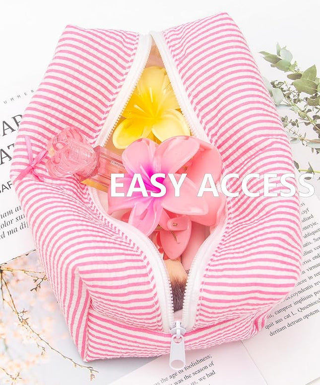 PAZIMIIK 6PCS Cozy Makeup Bag Small Aesthetic Travel Zipper Cosmetic Pouch for Women Make Up Beauty Accessories Brushes, Stripe Hotpink