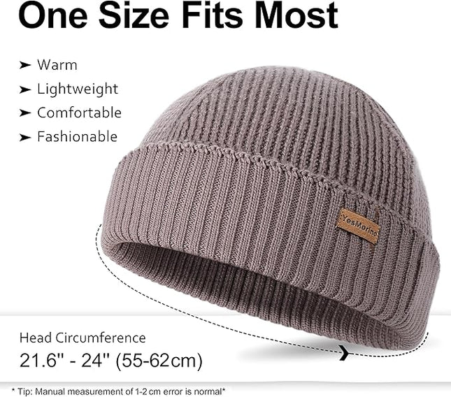 100% Merino Wool Fisherman Beanie for Men Women, Short Knit Cuff Trawler Winter Hat, Warm Soft Outdoor Gift
