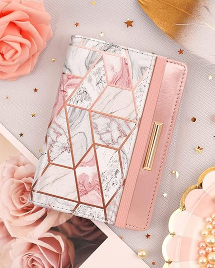Passport Holder Cover Travel RFID Blocking Passport Cover Rose Gold Cute Flowers Passport Wallet with Elastic Band for Women