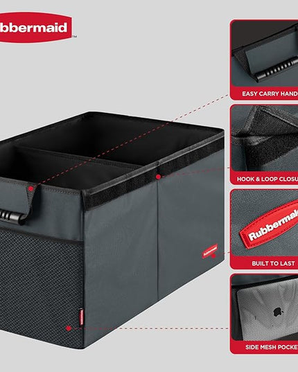Rubbermaid Car Organizer, Collapsible Trunk Organizer, Multi-Compartment Car Storage Organization for Car Accessories, 2 Compartments With Cover, 21.65"*14.17"*12.2" - Gray
