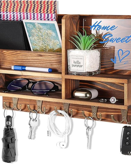 ClyraStor Key Holder Wall Mount, Mail Organizer Wall Mounted, Solid Wood Key Holder for Wall Living Room Entryway Home Decor, with 10 Key Hooks, Shelf, Marker Pen, 15.7" x 10.2" x 2.8"