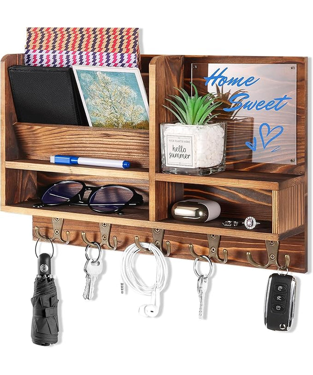 ClyraStor Key Holder Wall Mount, Mail Organizer Wall Mounted, Solid Wood Key Holder for Wall Living Room Entryway Home Decor, with 10 Key Hooks, Shelf, Marker Pen, 15.7" x 10.2" x 2.8"