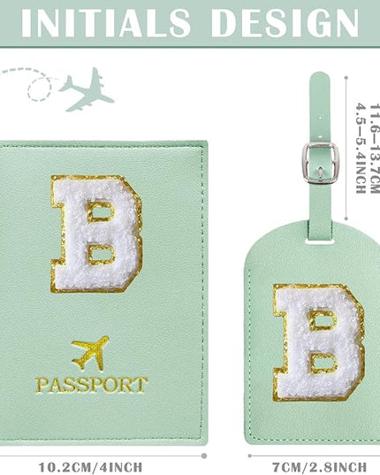 COSHAYSOO Green Initial Passport Cover and Luggage Tag Set TSA Approved with Chenille Letter Patch for Women Teenage Girls, 2 Pcs Double Passport Holder Best Bag Suitcase Identifier (B)