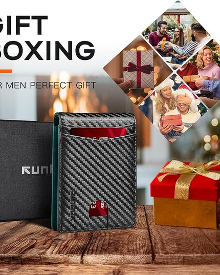 RUNBOX Wallet for Men Slim Leather Bifold RFID Blocking Minimalist Front Pocket Design with Gift Box