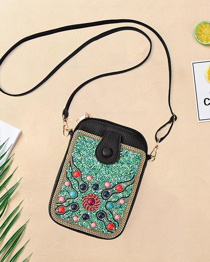Women's Small Crossbody Cell Phone Bag, Boho Colorful Beaded Purse Wallet with Handmade Cute Patterns