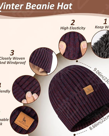 Men Women Winter Beanie Hats Scarf with Touchscreen Gloves Warm Knit Themal Gloves Long Scarf Set with Fleece Lined
