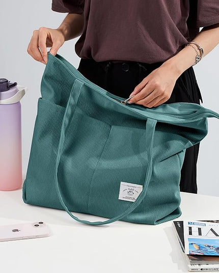 KALIDI Women Corduroy Tote Bag Zipper Casual Tote's Handbag Big Capacity Shoulder Bag with Pockets