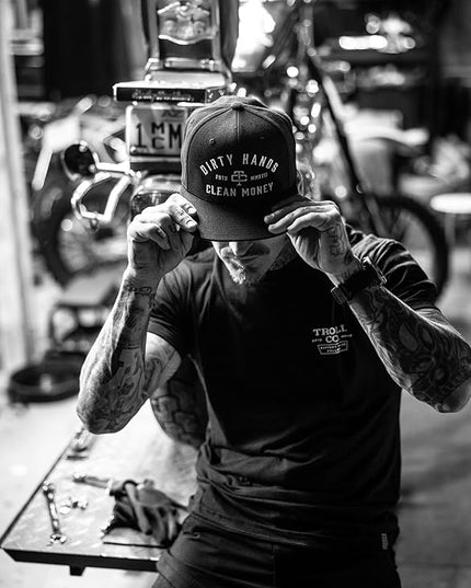 TROLL CO. CLOTHING Dirty Hands Clean Money Meshback Hat - Black, Adjustable Snapback, Curved Brim, One Size Fits Most