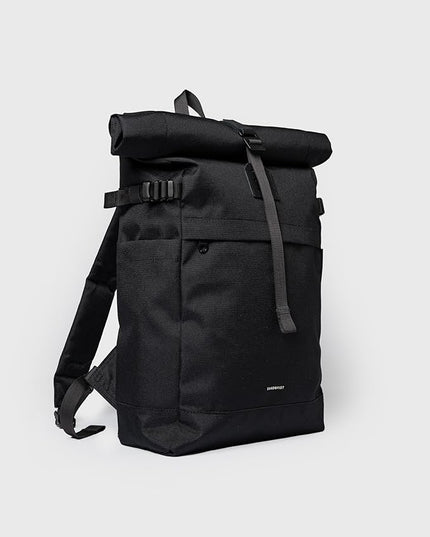 Sandqvist Men's Icon Medium Rolltop Backpack, Black With Black Leather, One Size