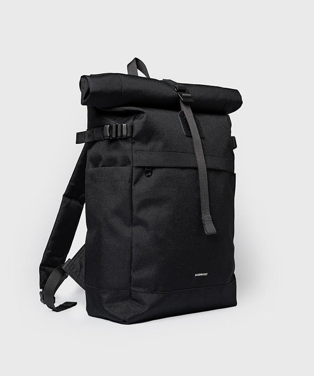Sandqvist Men's Icon Medium Rolltop Backpack, Black With Black Leather, One Size