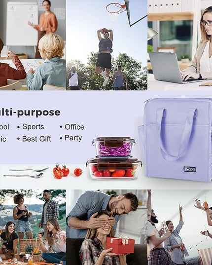 Fmeida Insulated Lunch Bag Women, Simple Lunch Tote Bags, Waterproof Thermal Cooler Lunch Bag, Reusable Adult Lunch Box Bag for Women | Large Purple, Front&Side Pockets