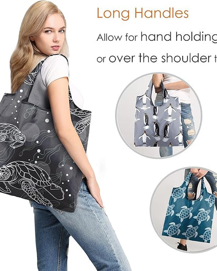 BeeGreen Reusable Grocery Bags for Groceries | Foldable Tote Bags with Handles Reusable Gift 6 Set - Heavy Duty Washable Polyester Travel and Shopping Basket - Bulk Bag for Women Animal Lovers
