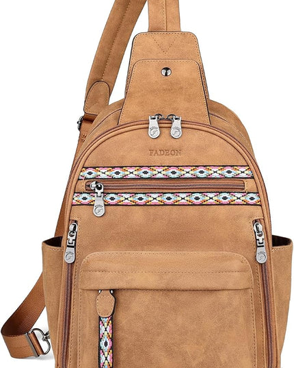 FADEON Large Sling Bag for Women, Leather Crossbody Purse Designer Anti Theft Sling Backpack, RFID Fanny Packs for Travel
