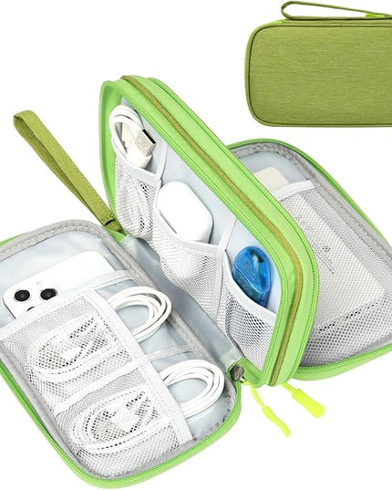 FYY Electronic Organizer, Travel Cable Organizer Bag Pouch Electronic Accessories Carry Case Portable Waterproof Double Layers Storage Bag for Cable, Cord, Charger, Phone, Earphone, Medium Size Green