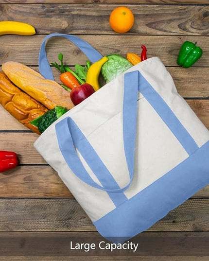 TOPDesign 3-Pack Canvas Tote Bags with an External Pocket, Reusable Grocery Shopping Bags, Top Zipper Closure, Daily Essentials (Light Blue/Natural)