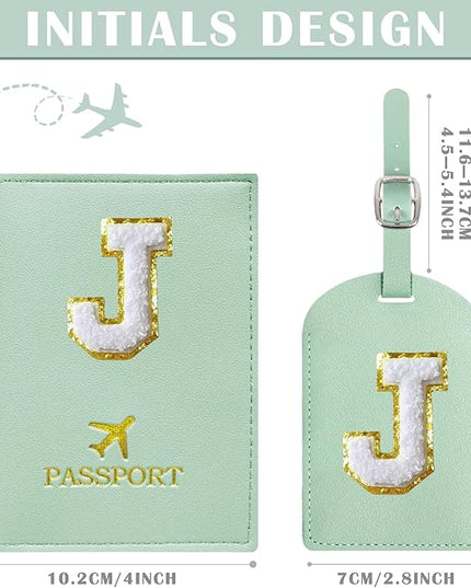 COSHAYSOO Green Initial Passport Cover Holder and Luggage Tag Set TSA Approved with Chenille Letter Patch ABC for Women Teenage Girls, Travel Essentials Must Have Stuff Bag Suitcase Identifier (J)