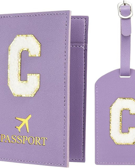 PATIKIL Passport Holder for Travel, Initial Passport Cover and Luggage Tag Set with Alphabet Chenille Letter Patch Travel Wallet Bag Suitcase Identifier for Women Family Travel Purple C