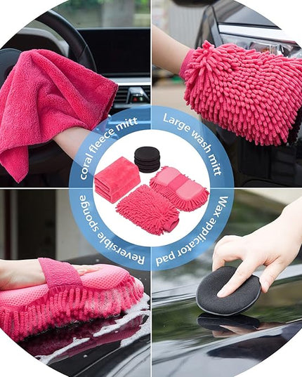 AUTODECO 22Pcs Car Wash Cleaning Tools Kit Car Detailing Set with Canvas Bag Pink Collapsible Bucket Wash Mitt Sponge Towels Tire Brush Window Scraper Duster Complete Interior Car Care Kit