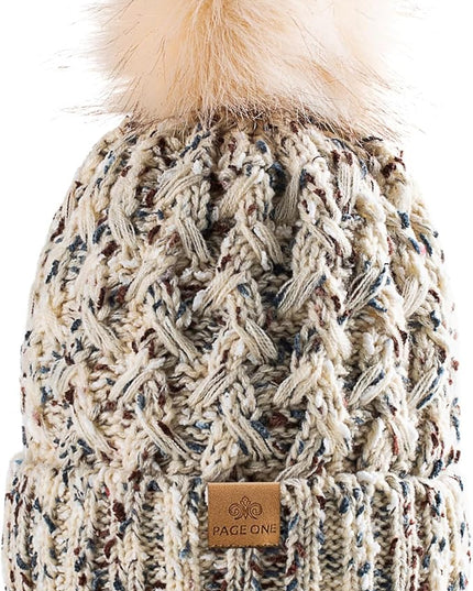 PAGE ONE Womens Winter Ribbed Beanie Crossed Cap Chunky Cable Knit Pompom Soft Warm Hat