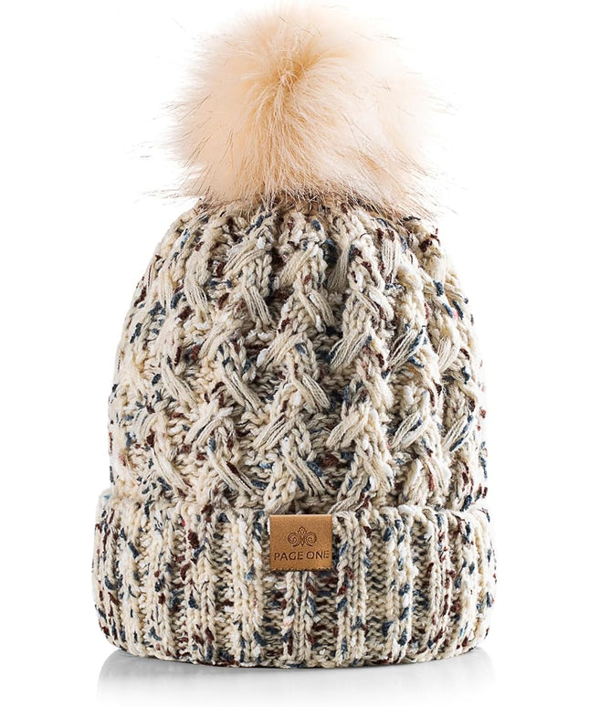 PAGE ONE Womens Winter Ribbed Beanie Crossed Cap Chunky Cable Knit Pompom Soft Warm Hat