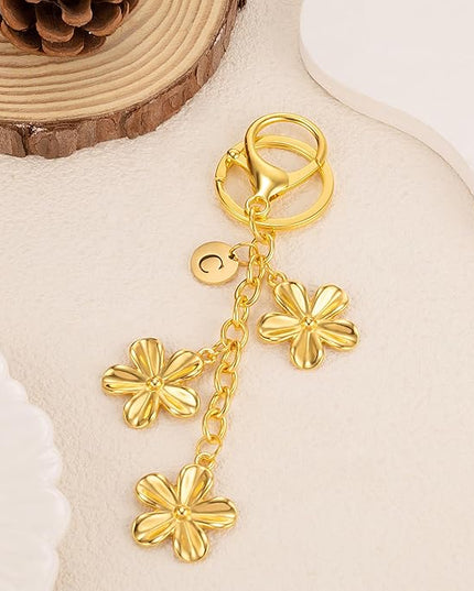 XGALBLA Gold/Silver Initial Keychain Flower Charms for Key Cute Letter Keyring for Purse Handbag Backpack