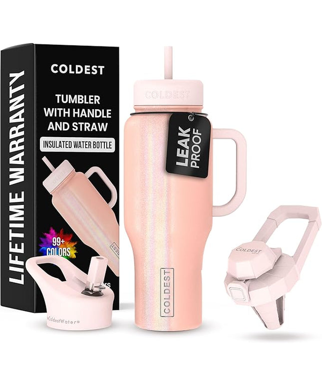 Coldest Tumbler with Handle and Straw - 100% Spill Proof Tumbler with Straw (3 Lids) - Stainless Steel Insulated Leakproof Tumblers for Women & Men - 36 oz (Forever Pink Glitter)