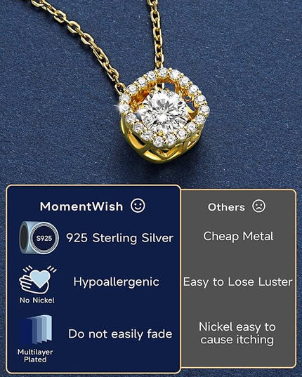 MomentWish Floating Necklace for Women, 0.5/1 Carat Dancing Moissanite Necklace for Her 925 Sterling Silver Pendant Anniversary Birthday Christmas Gift for Wife Mom Girlfriend