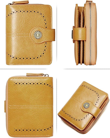 TFKGS Small Womens Wallet Leather RFID Blocking Bifold Compact Card Holder Ladies Zipper Accordion Pocket with ID Window Yellow