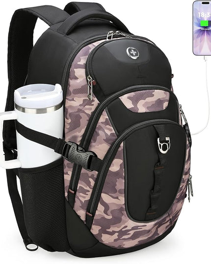 Swissdigital Design Laptop Backpack with USB Charging Port, Travel Backpack Fits 15.6 inches Computer, 31L College School Backpack for Men, Khaki Camo | SD803-94