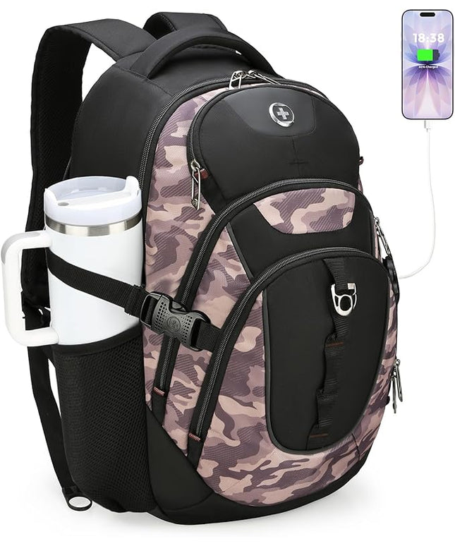 Swissdigital Design Laptop Backpack with USB Charging Port, Travel Backpack Fits 15.6 inches Computer, 31L College School Backpack for Men, Khaki Camo | SD803-94