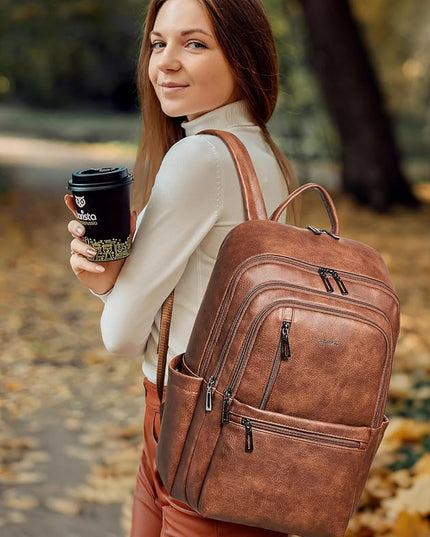 Shrrie 17 inch Leather Laptop Backpack for Women, Large Travel Backpack with 6 Compartments, Vegan Leather Computer backpack purse for WORK Casual Daypack College