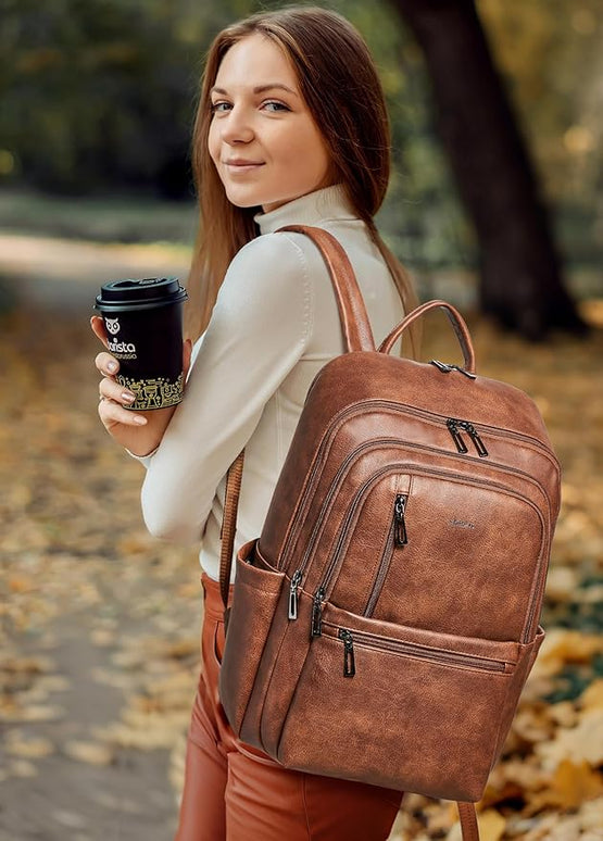 Shrrie 17 inch Leather Laptop Backpack for Women, Large Travel Backpack with 6 Compartments, Vegan Leather Computer backpack purse for WORK Casual Daypack College