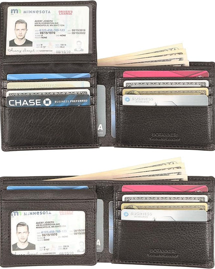 BOTANNER Mens Leather Flip ID Wallet RFID Blocking, 8 Credit Card Slots, 2 ID Window, 2 Sections for Bills, 3 Hidden Pockets | Black