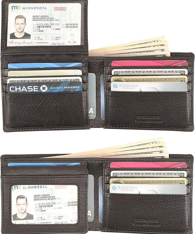 BOTANNER Mens Leather Flip ID Wallet RFID Blocking, 8 Credit Card Slots, 2 ID Window, 2 Sections for Bills, 3 Hidden Pockets | Black