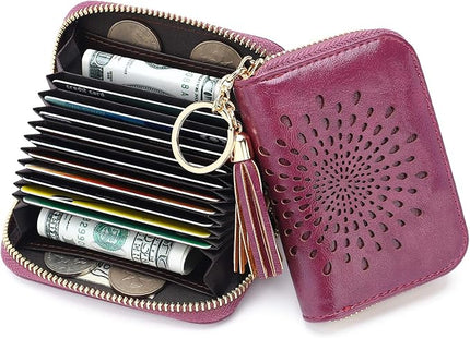 APHISON RFID Credit Card Holder Zipper Card Case Keychain Small Wallet for Women 1927 PURPLISH-RED