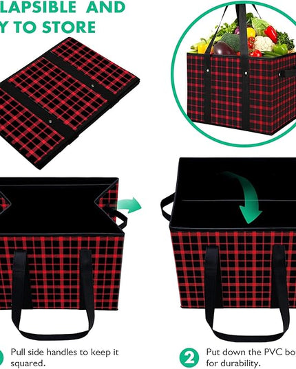 WISELIFE Reusable Grocery Bags 2 Pack,Large Grocery Tote Bag Water Resistant Shopping Bags Foldable Grocery Bag for Clothes,Shoes and Picnic,Red