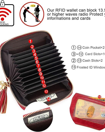 APHISON RFID Credit Card Holder Zipper Card Case Keychain Small Wallet for Women 1927 RED