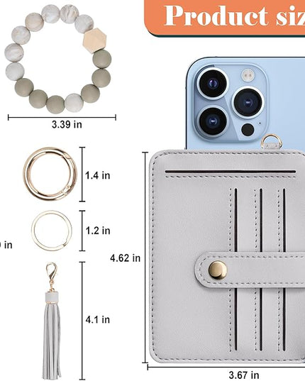 Keychain Wallet with Bracelet RFID Blocking Wristlet Credit Purse Card Holder, Silicone Bead Tassel Key Ring for Women