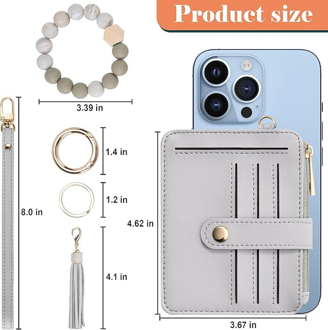 Keychain Wallet with Bracelet RFID Blocking Wristlet Credit Purse Card Holder, Silicone Bead Tassel Key Ring for Women