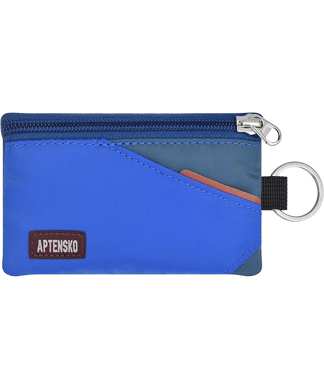 RFID Travel Wallet with Adjustable Lanyard-Zipper Small Wallet with ID Card Holder, Keychain for women&men-Minimalist Slim Waterproof Nylon case for ID, Cash, Key (Blue+SlateBlue)