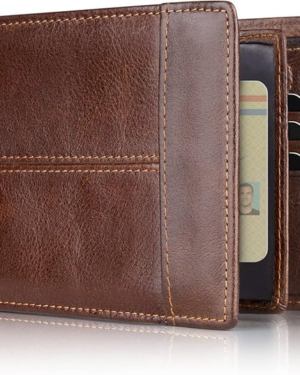 Swallowmall Leather Wallet for Mens Genuine Leather RFID Blocking Bifold Wallets with 1 ID Window 15 Card Slots