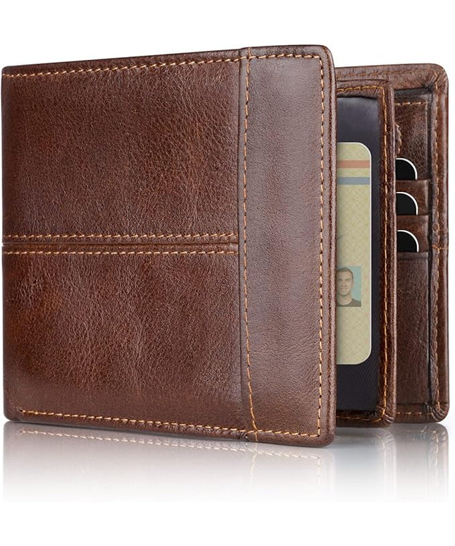Swallowmall Leather Wallet for Mens Genuine Leather RFID Blocking Bifold Wallets with 1 ID Window 15 Card Slots