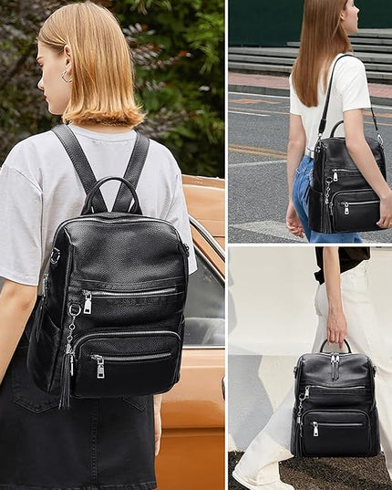 ALTOSY Genuine Leather Backpack Purse for Women Large Shoulder Bag With Laptop Compartment Multiple Pockets(S106 Black)