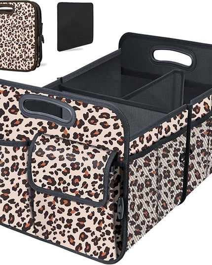 Trunk Organizer, Collapsible Trunk Organizers and Storage, Car Accessories for Women and Men, Multi-Compartment Trunk Storage Organizer for SUV, Car, Mini-Van, Leopard Print