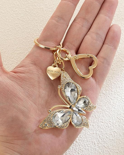XGALBLA Cute Bling Crystals Rhinestone Butterfly KeyChain with Heart Pendant, Lovely Bag Charms for Handbags Purse Accessory