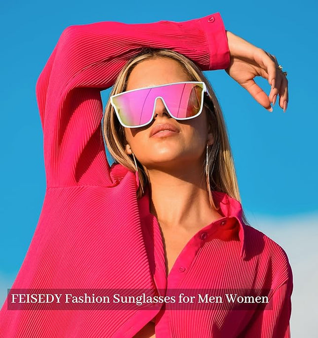FEISEDY Sunglasses for Women Men, Fashion Mirrored Single Lens, Driving Beach Sunnies UV400 Shades B2996