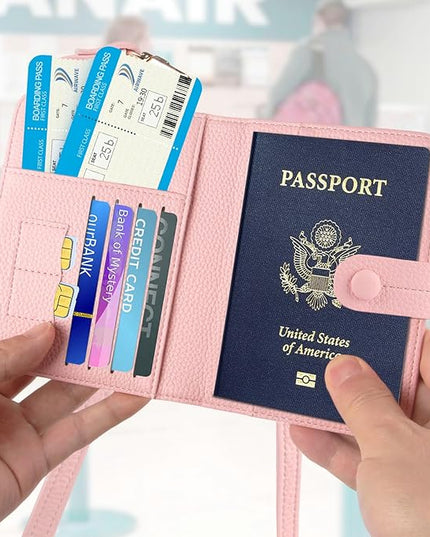 Passport Holder RFID Protected Wallet and Luggage Tag with Protection Cover Travel Accessories Leather Card Case Organizer for Women Men (Pink)