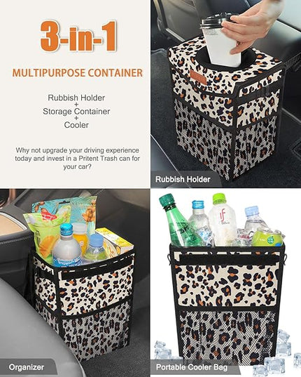Car Trash Can with Lid, Cute Leakproof Car Trash Garbage Bag Hanging Vehicle Trash Bin Small Portable Automotive Garbage Cans Organizer for Back/Front Seat(Trapezoid,Leopard