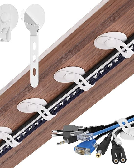 Nearockle Cable Management Under Desk, Adjustable Self-Adhesive Silicone Cable Ties Cord Organizer, Reusable Heavy-Duty Cord Holder Under Table for Office, Home, School (20Pcs-White)